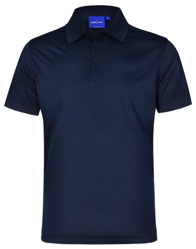 A men's polo shirt in navy blue with a textured design and a collar, featuring a logo on the chest.