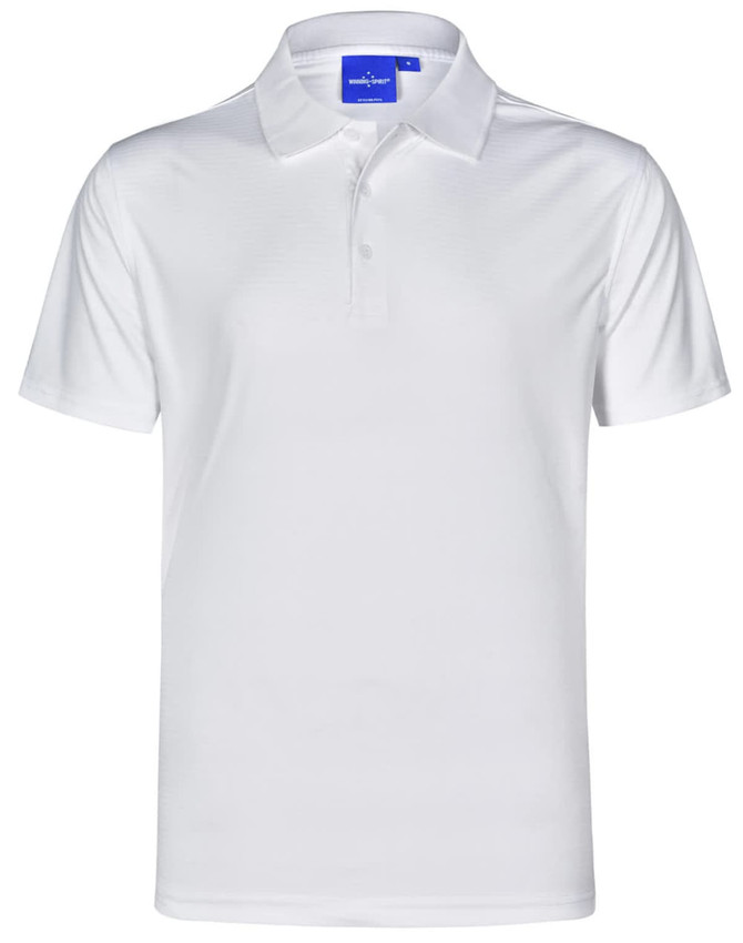 A white men's polo shirt made from Cooldry textured fabric, featuring a collar and a logo on the label.