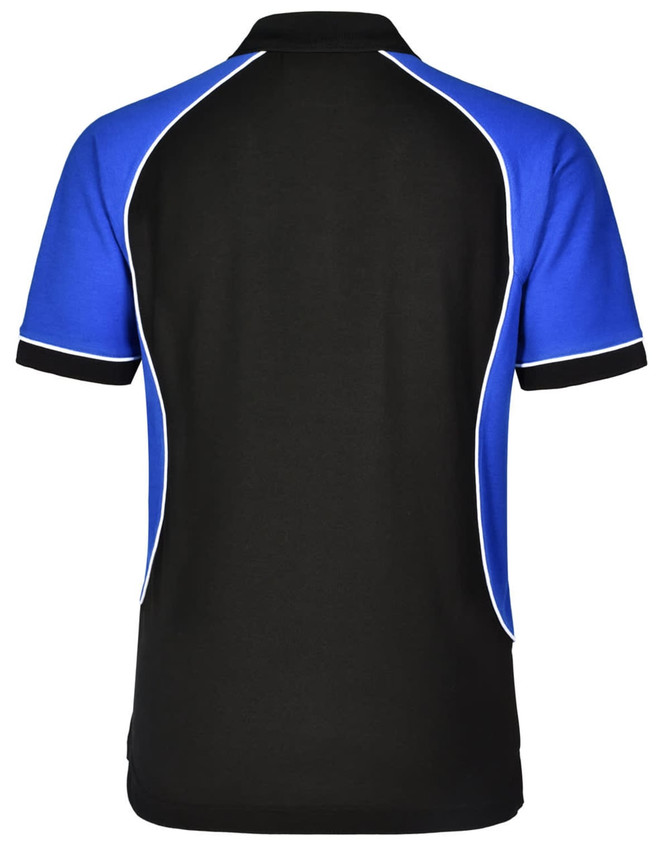 A black and blue kids' polo shirt featuring a contrasting design and a logo.