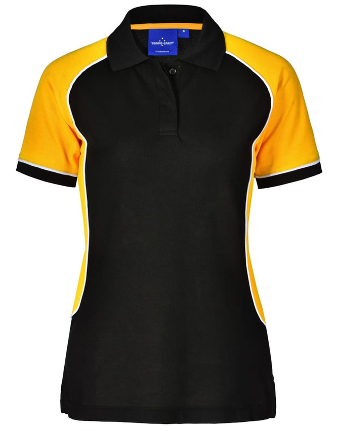 A black and yellow ladies' polo shirt with short sleeves and a collar, featuring a logo.
