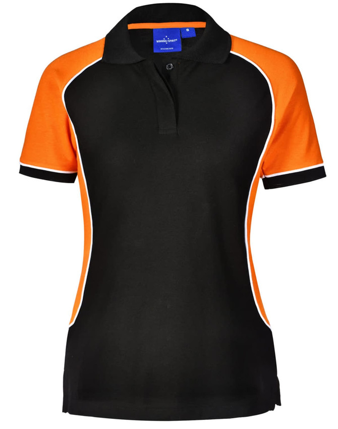 A black and orange ladies' polo shirt featuring short sleeves and a contrasting trim, with a logo on the collar.