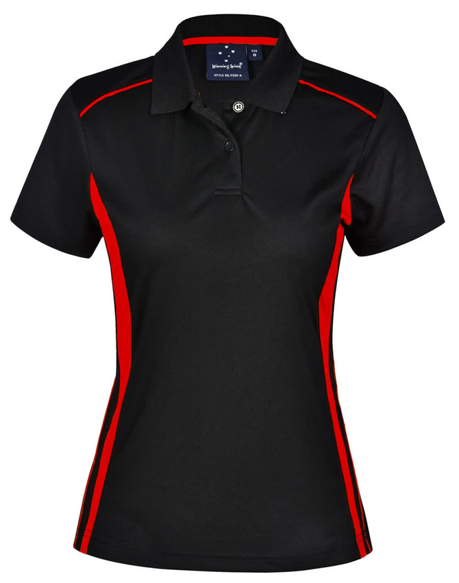 A black polo shirt with red contrast detailing and a collar. Features a logo on the front.