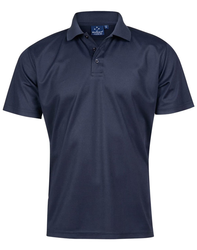 A navy short-sleeved polo shirt featuring a collar and a logo on the label.