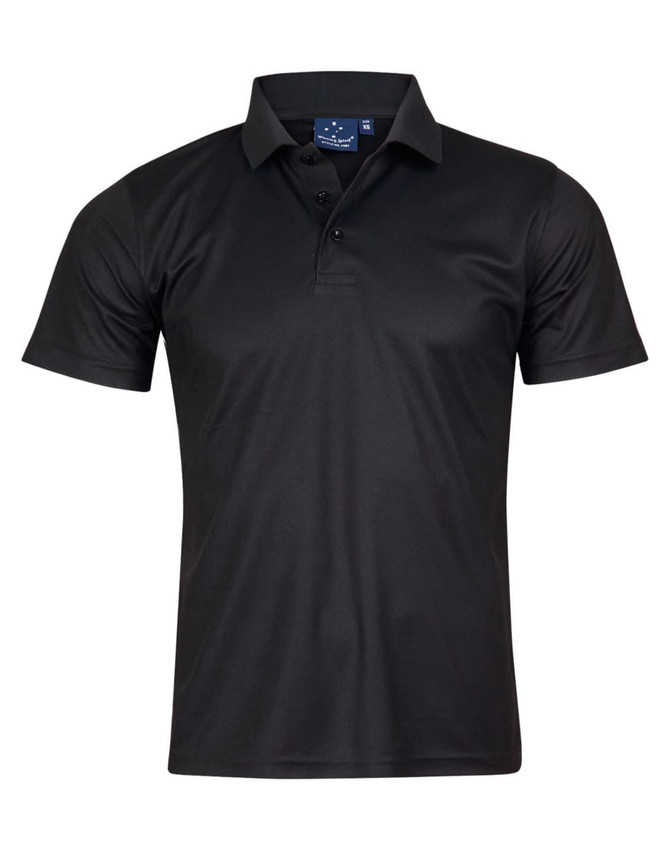 A black short-sleeve polo shirt featuring a collar and a logo.