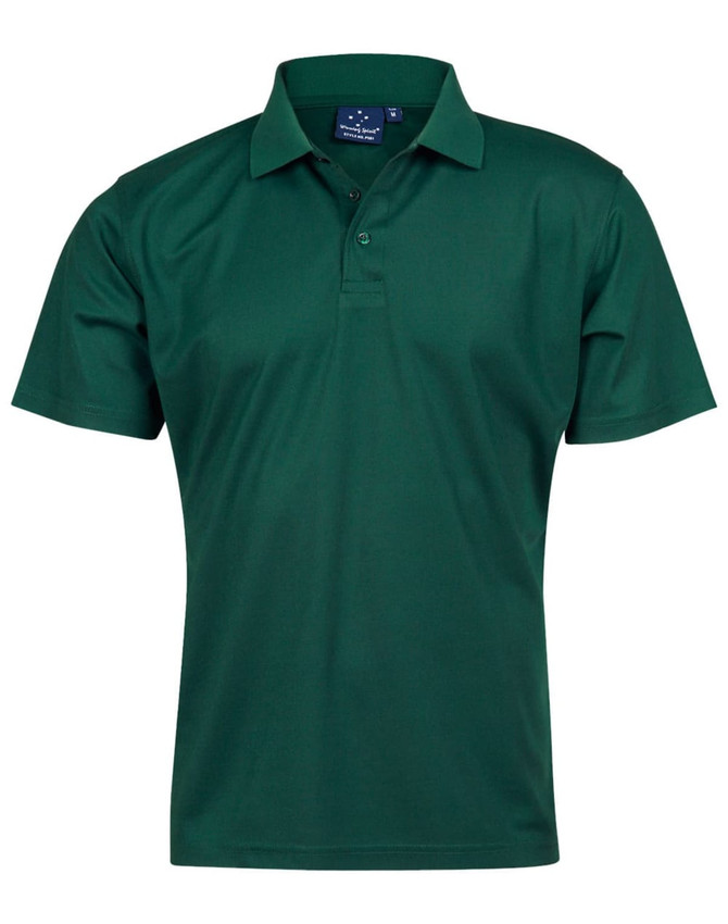 A green polo shirt with a collar and short sleeves, featuring a logo on the chest area.