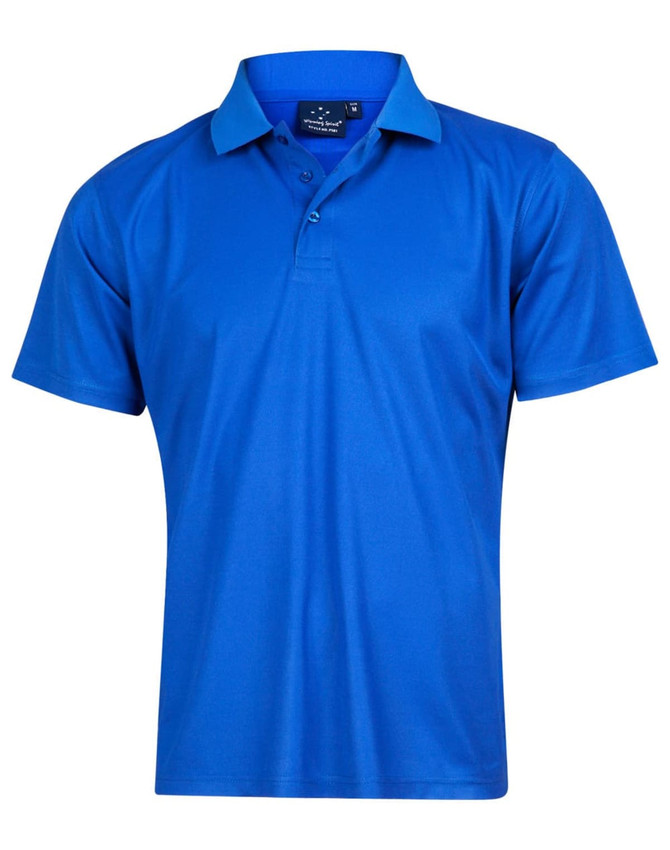 A vibrant blue Kids' Cooldry pique short sleeve polo shirt, featuring a collar and three-button placket, with a logo.
