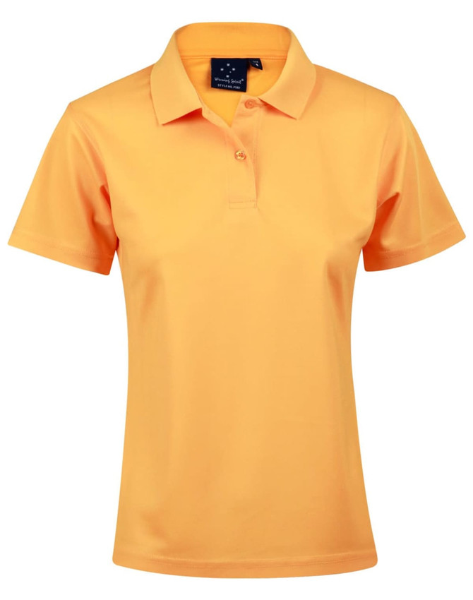 A ladies' short-sleeve polo shirt in bright orange with a collar and a logo on the upper section.
