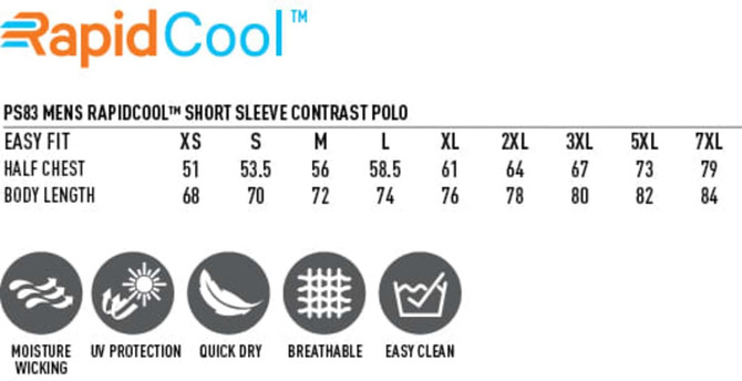 A size chart for the Men's Rapid Cool Short Sleeve Contrast Polo, featuring measurements for various sizes.