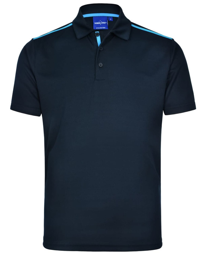 A dark navy short sleeve polo shirt with contrast light blue stripes and a logo on the chest.
