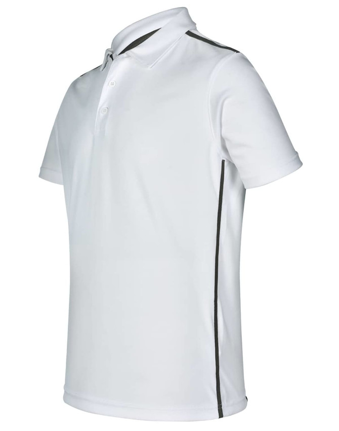 A white polo shirt featuring contrast detailing along the sides and a collar, with a logo present.
