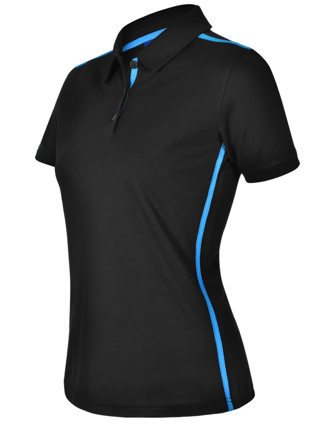 A black ladies' polo shirt with short sleeves featuring blue contrast detailing and a logo.