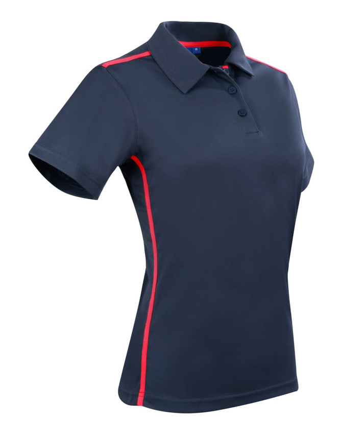A navy blue polo shirt with short sleeves featuring red contrast piping and a logo.