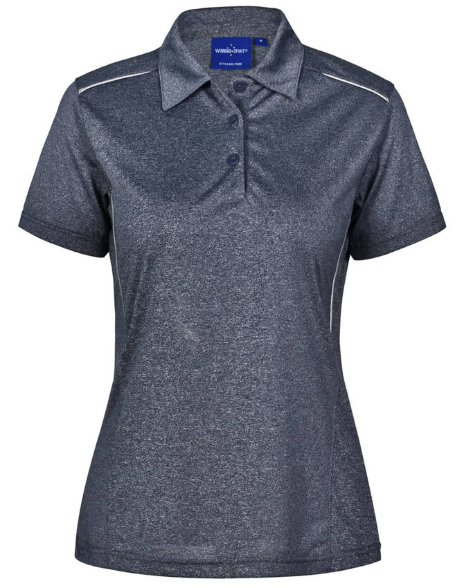 A short sleeve polo shirt in dark grey with a subtle texture and a logo on the collar.