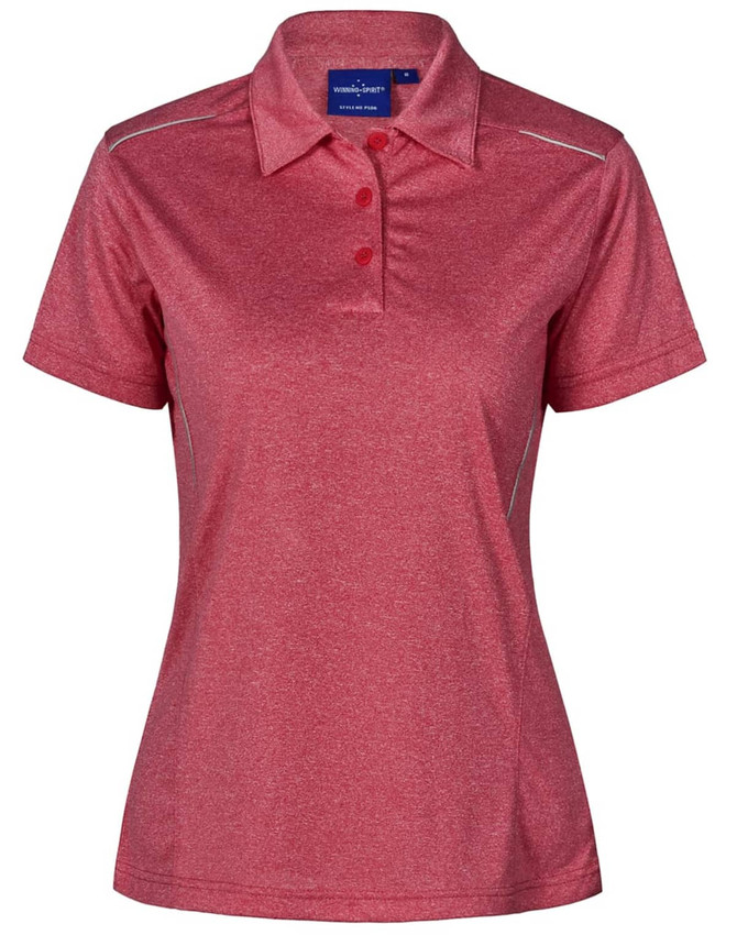 A red short sleeve polo shirt with a collar and three buttons, featuring a branding logo.