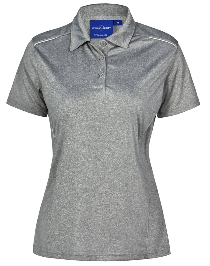 A ladies' short sleeve polo shirt in grey with a collar and logo. Features a sleek, athletic design.