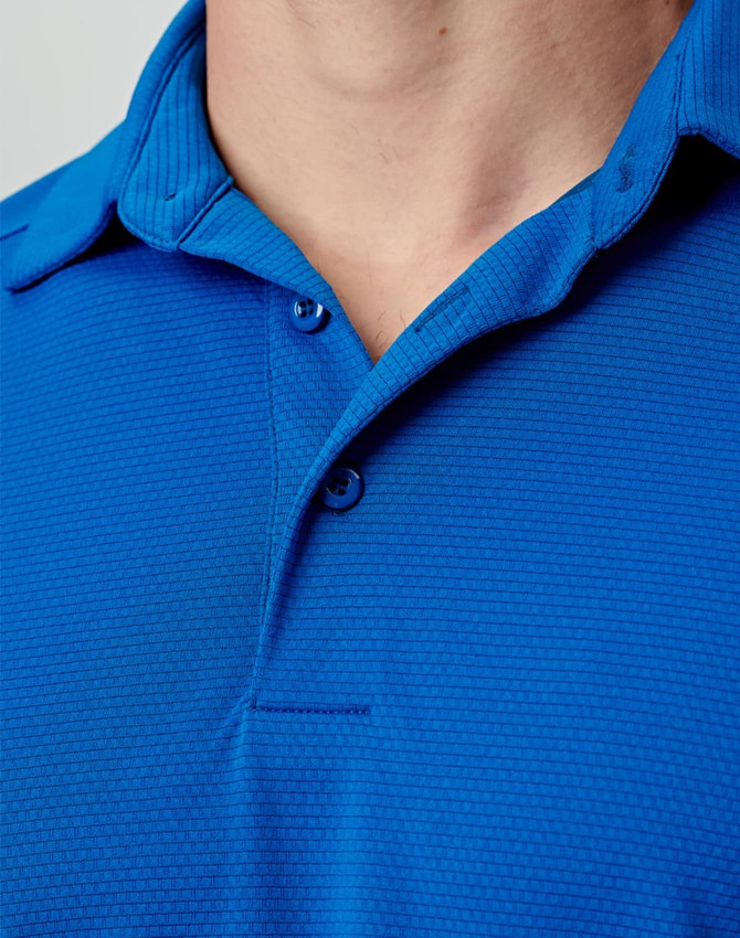 Men's polo shirt in bright blue with a textured pattern and a collar featuring two buttons. Includes a logo.