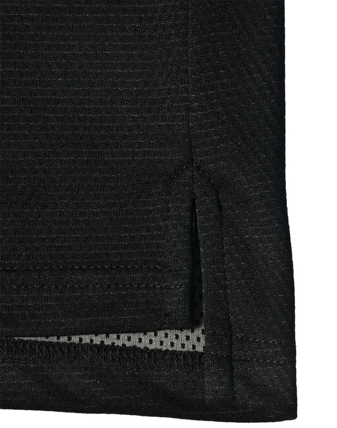 A black polo shirt featuring a textured fabric and side slit detail, also has a logo on it.