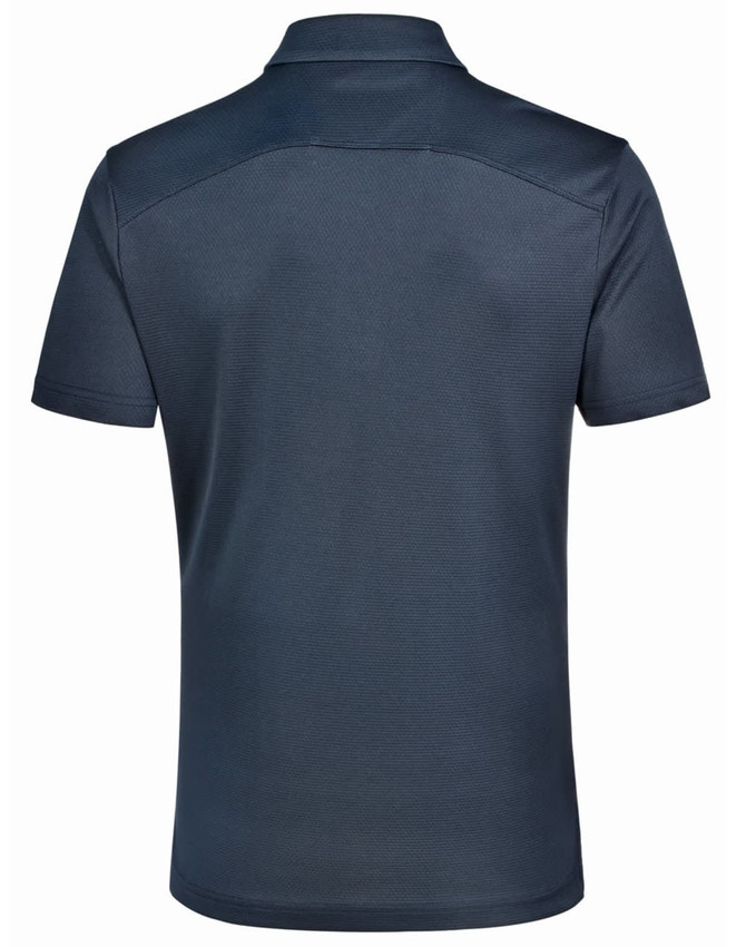 A navy polo shirt with a textured finish, featuring a collar and short sleeves, with a logo on the chest.