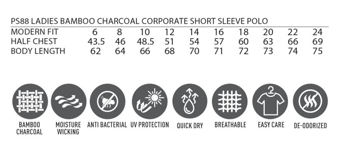 A chart detailing sizes, dimensions, and features of the Ladies' Bamboo Charcoal Corporate Short Sleeve Polo in bamboo charcoal colour.