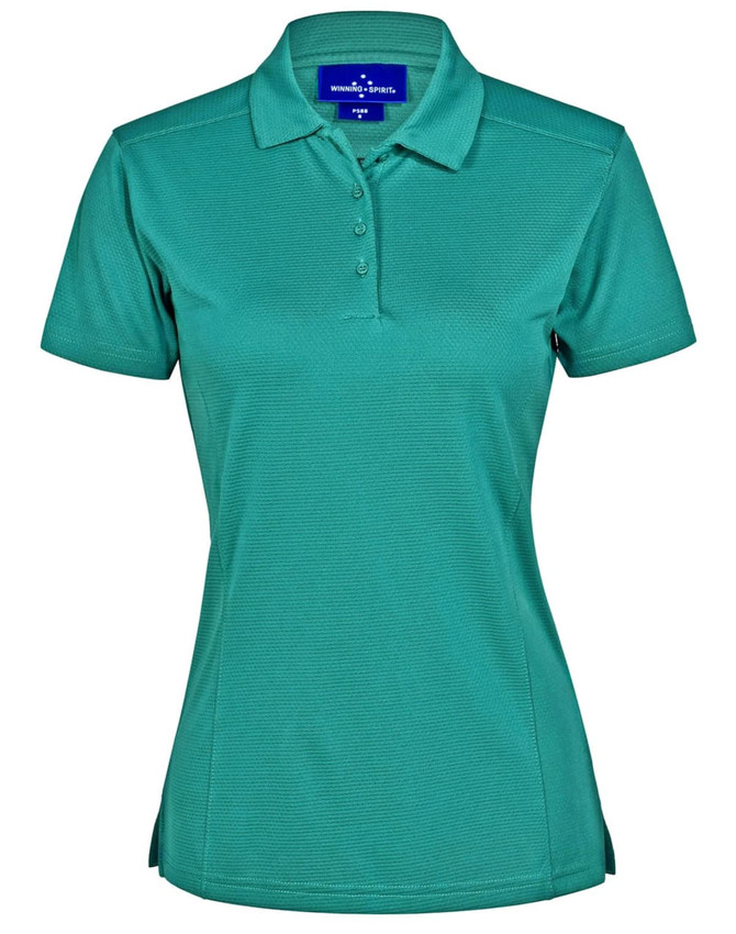 A teal bamboo charcoal polo shirt with a collar, short sleeves, and a branded logo.