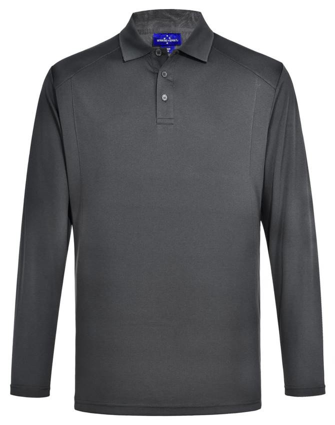 A long-sleeved men's polo shirt in dark grey with a collar and a branding logo on the chest.