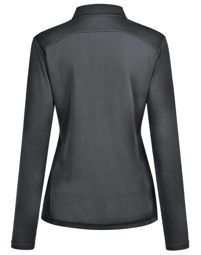 A ladies' long-sleeve polo shirt in charcoal grey, featuring a sleek design and a branded logo.