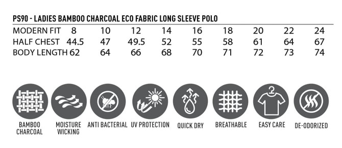 A size guide for the Ladies' Bamboo Charcoal Long Sleeve Polo, featuring measurements and fabric benefits.