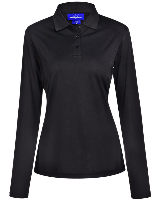 A black long-sleeve polo shirt for ladies made from bamboo charcoal fabric. Features a collar and a logo.