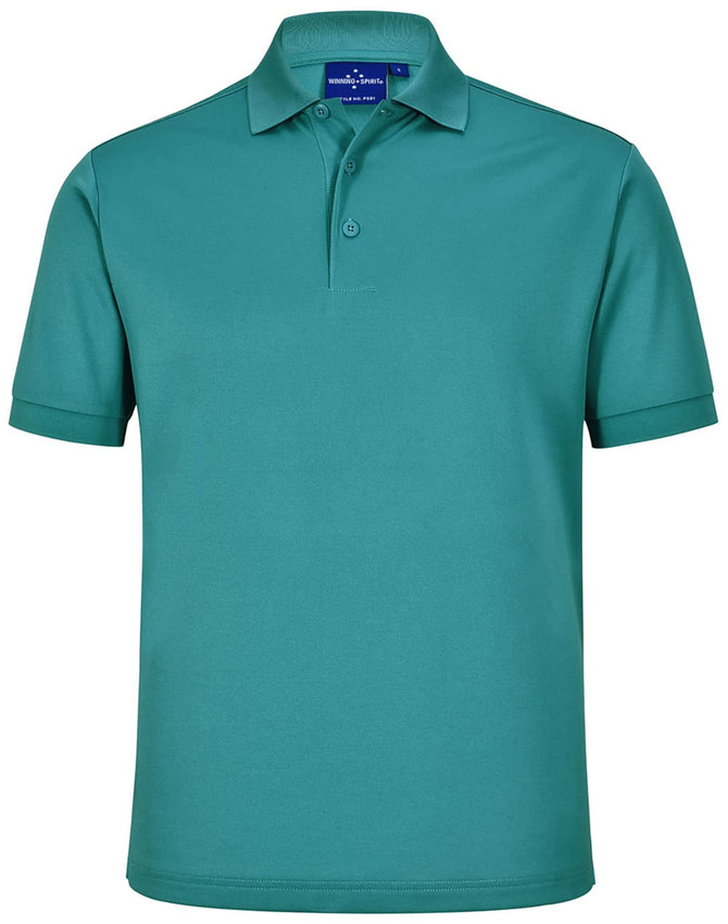A teal men's sustainable poly/cotton short-sleeve polo shirt with a collar and buttons, featuring a brand logo.