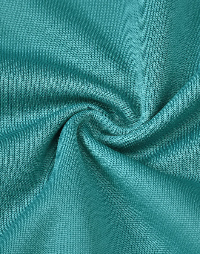 A textured fabric swirl in a vibrant teal colour, showcasing the material of a sustainable poly/cotton polo shirt.