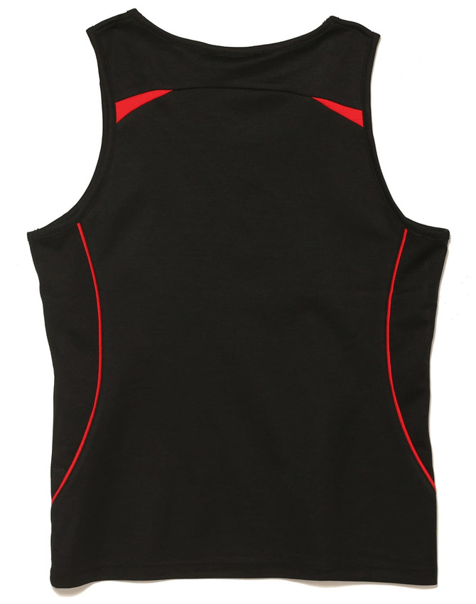 A black singlet featuring red accents and a logo. The design includes curved lines along the sides.