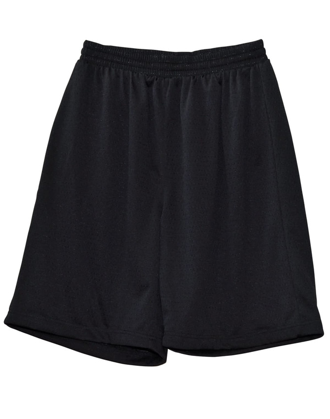 Black kid's basketball shorts with an elastic waistband. The shorts feature a logo on one side.