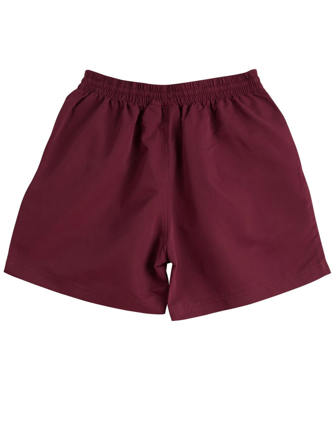 Burgundy microfibre sports shorts with an elastic waistband and smooth fabric. Features a logo.