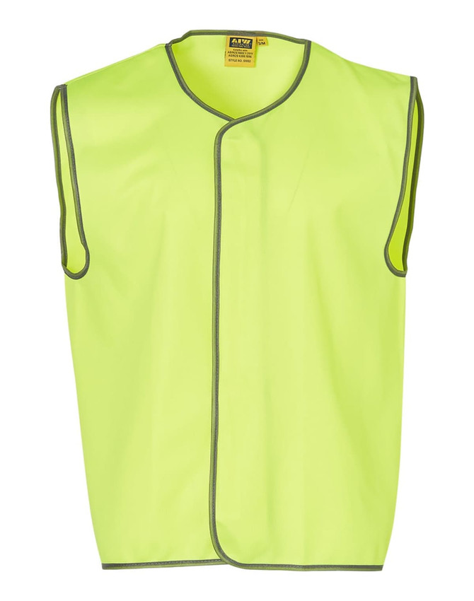 A hi-vis safety vest in bright yellow with grey trim, featuring a sleeveless design and a logo.
