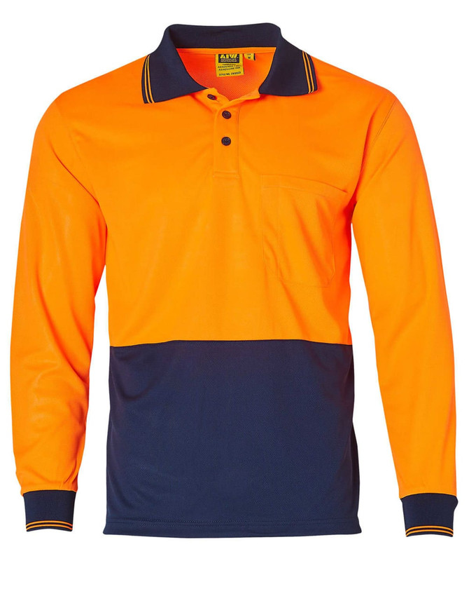Hi-Vis long sleeve polo shirt in bright orange with a navy blue lower section and a front pocket, featuring a collar and branding.