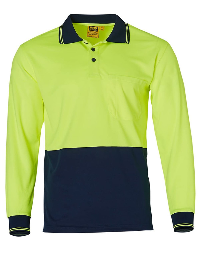 A long-sleeved work polo shirt in high-visibility yellow with a navy blue bottom panel and a pocket. It has a logo.