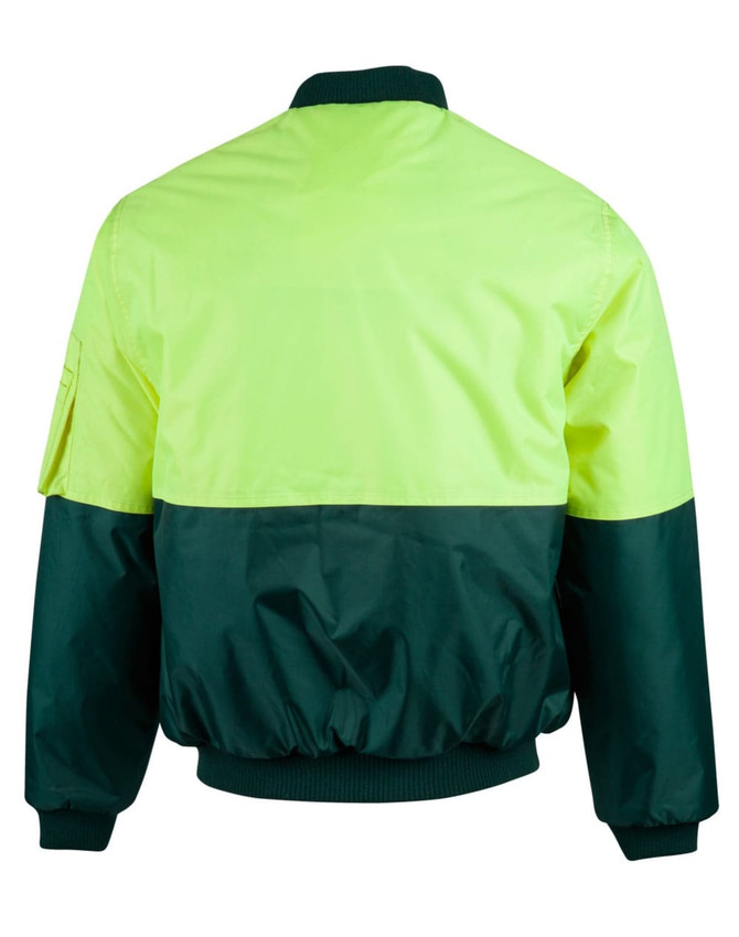 A Hi-Vis two-tone flying jacket featuring a bright yellow upper and dark green lower section, with elasticised cuffs and hem.