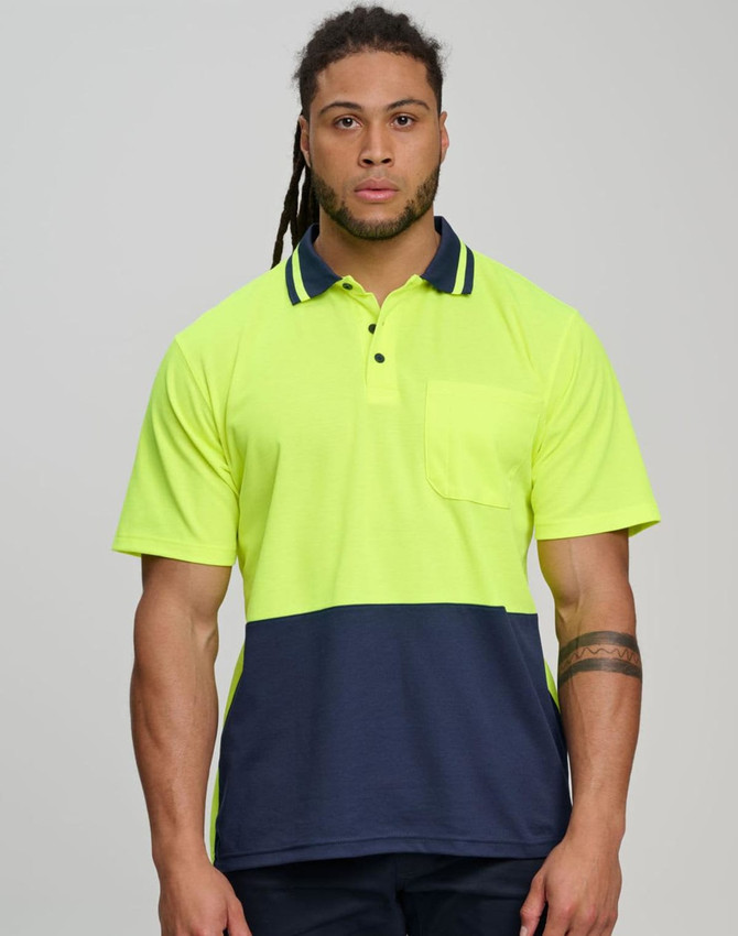 A bright orange and navy safety polo with a collar and short sleeves. It includes a pocket and features a logo.