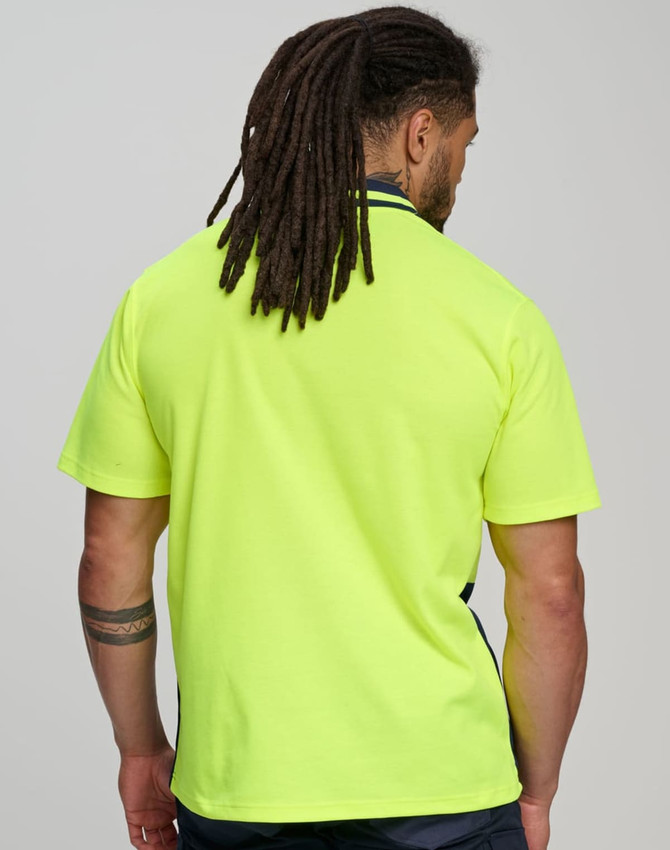 A bright yellow safety polo shirt with short sleeves, featuring a logo on the back.
