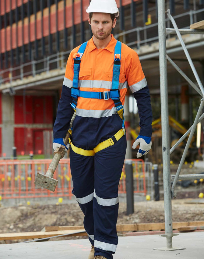 A Hi-Vis men's lightweight cotton coverall in orange and navy, featuring 3M tape and a harness.