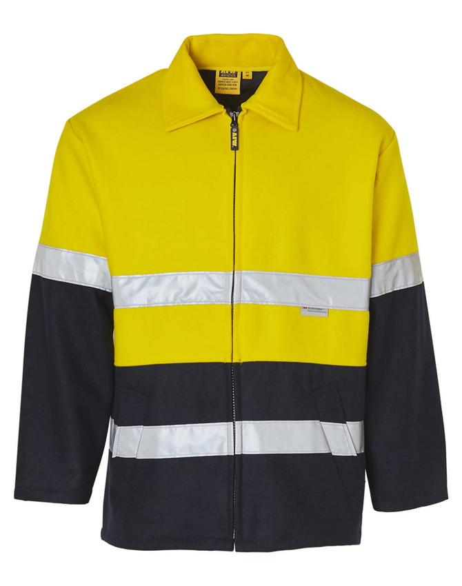 A Hi-Vis two-tone jacket in yellow and navy blue, featuring reflective 3M tapes and a zip front.