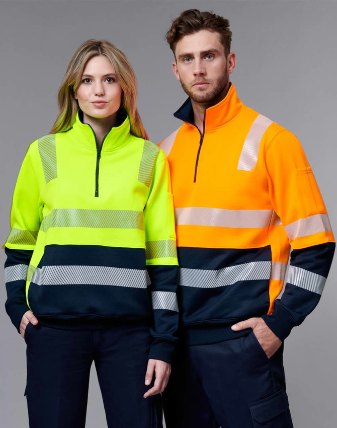 Biomotion VIC Rail Safety Jumper in hi-vis yellow and orange, featuring reflective stripes and a zip collar.