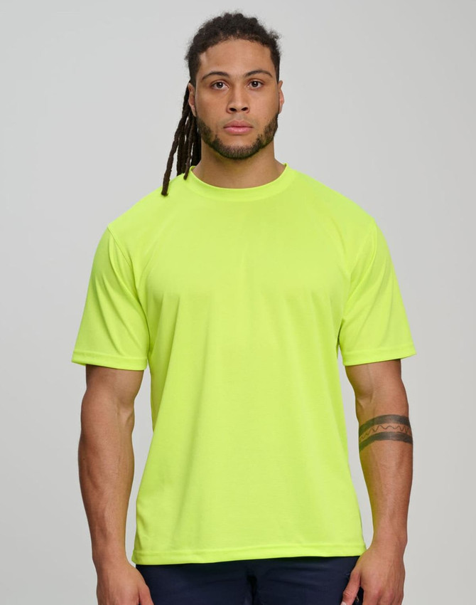 A hi-vis mini waffle safety tee in bright orange worn by two people in a workshop setting. Features a logo.