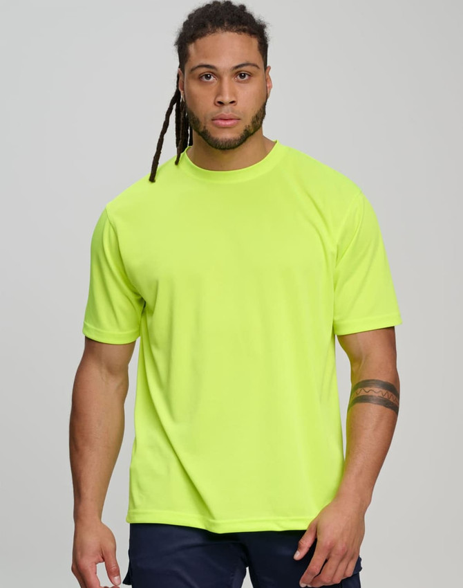 A bright yellow short-sleeved safety tee worn by a model, featuring a simple design and a logo.