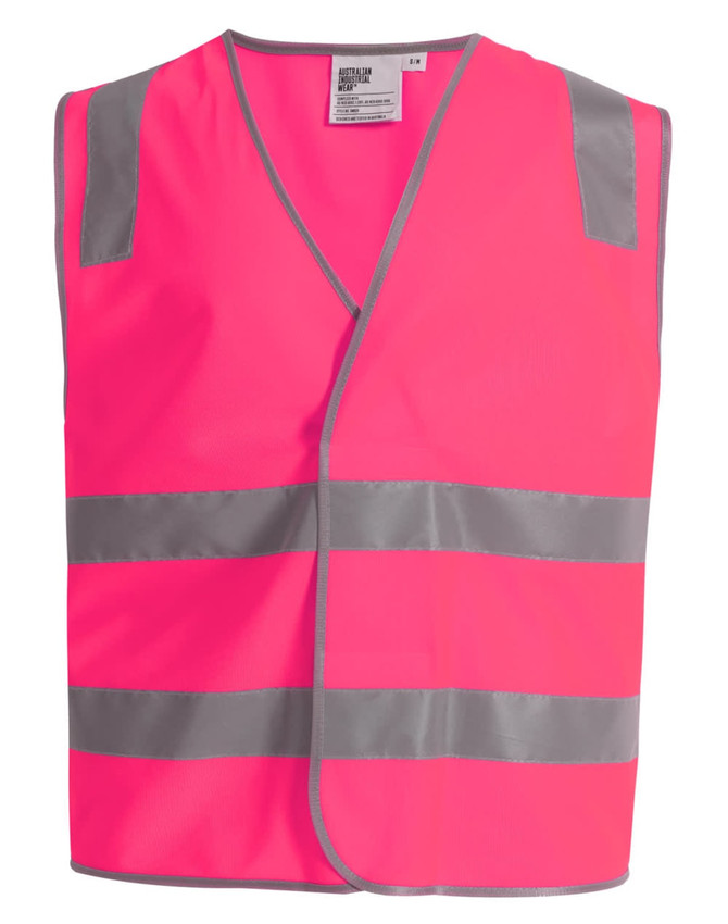 A bright pink safety vest featuring silver reflective tapes, designed for high visibility. It has a simple, open-front design.