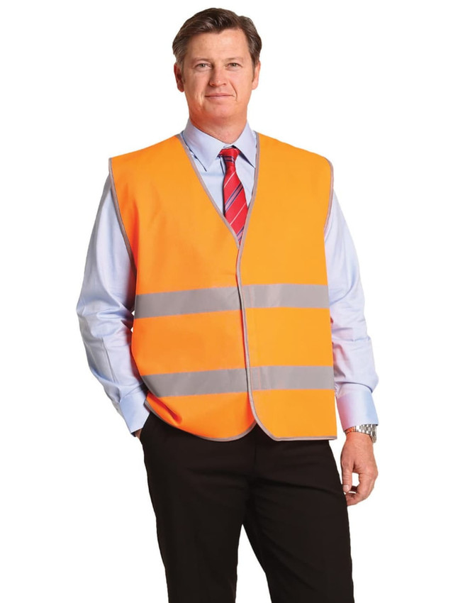 An orange hi-vis safety vest with reflective tapes worn over a light blue shirt and black trousers. It features a logo.