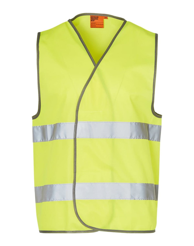 A bright yellow safety vest featuring reflective silver stripes and a logo. Suitable for safety wear and uniforms.