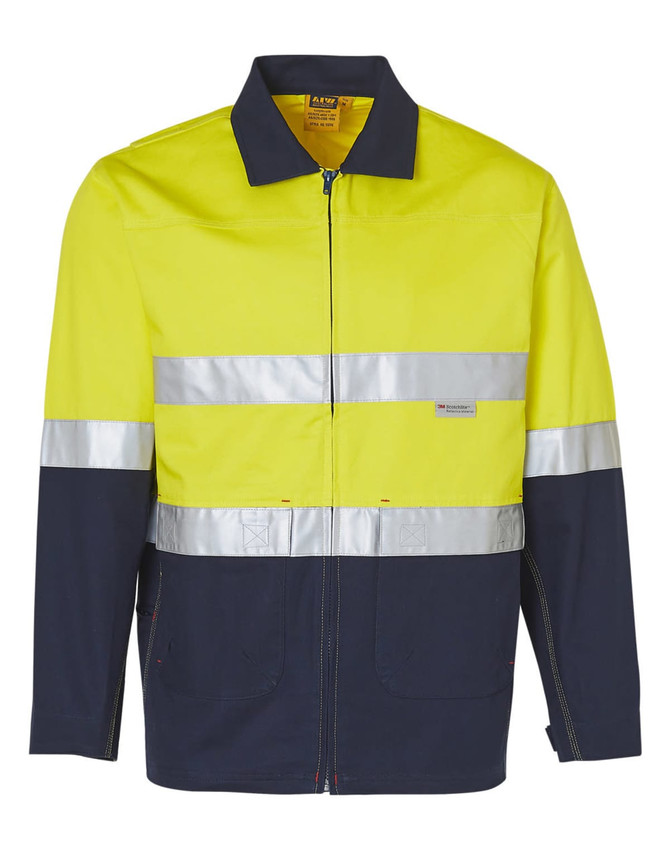 A high-visibility two-tone work jacket in bright yellow and navy, featuring reflective 3M tapes and a logo.
