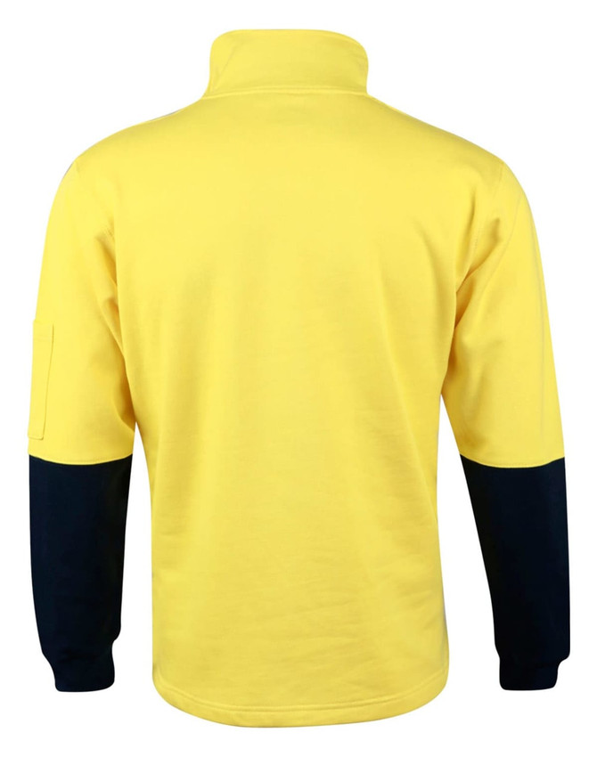 A Hi-Vis two-tone fleecy jumper featuring a yellow body and navy blue sleeves, with a collar and a branded logo.