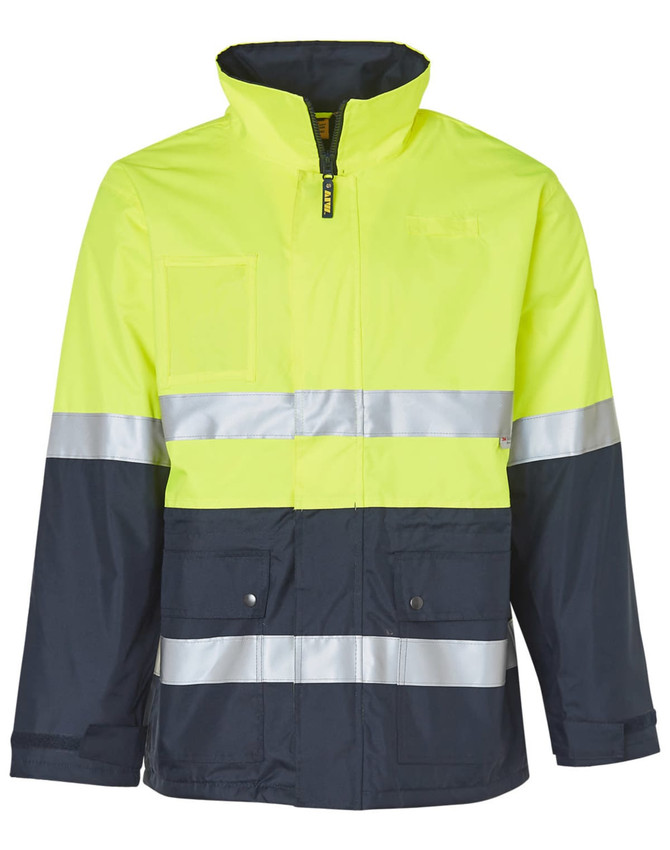 A Hi-Vis long line safety jacket in bright yellow and navy, featuring reflective 3M tapes and a zip front.